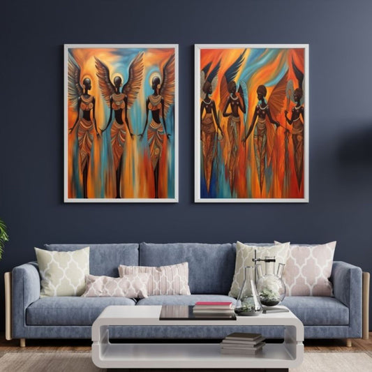 2 Set Abstract African Floating Angels Matted Framed Art Piece Print Wall Decor