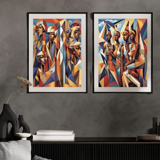 2 Set Abstract African Angels Matted Framed Art Piece Print Wall Decor