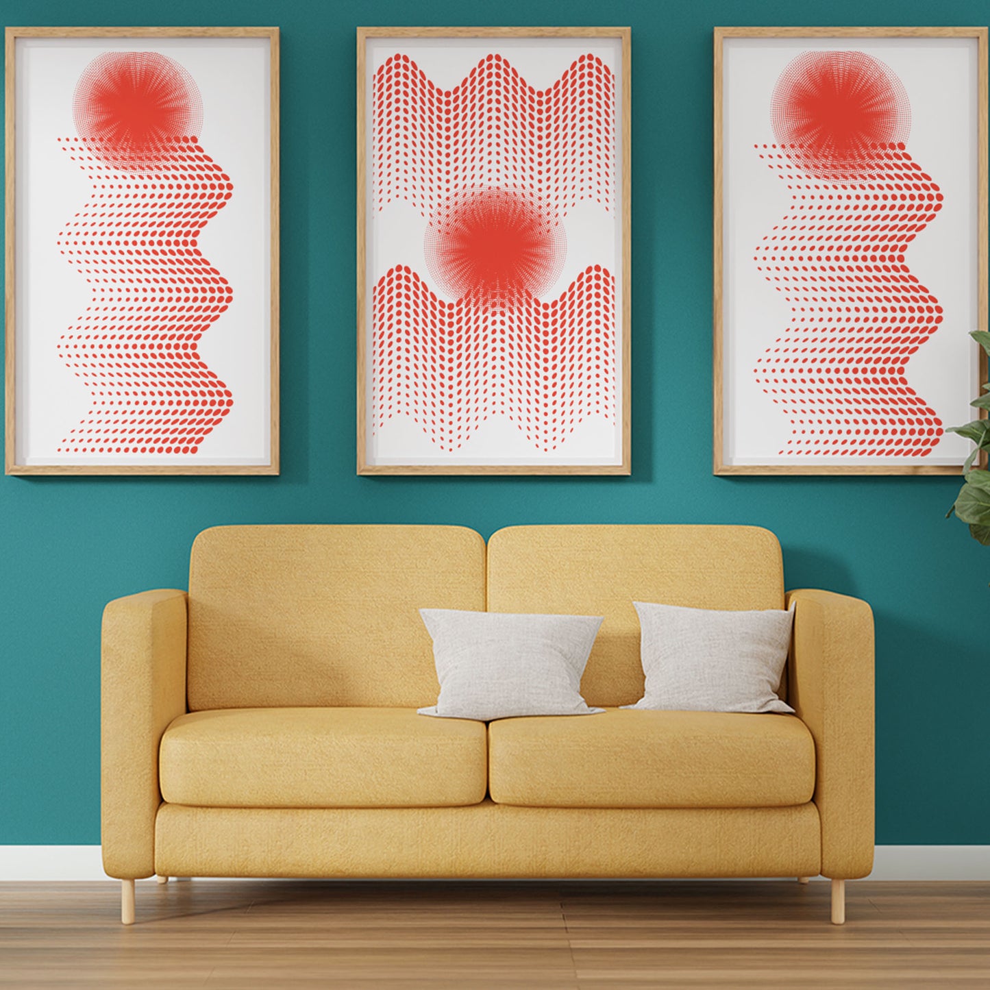 Red Waves Circle Abstract Wall Decor Art Canvas Printable Modern 3 Set