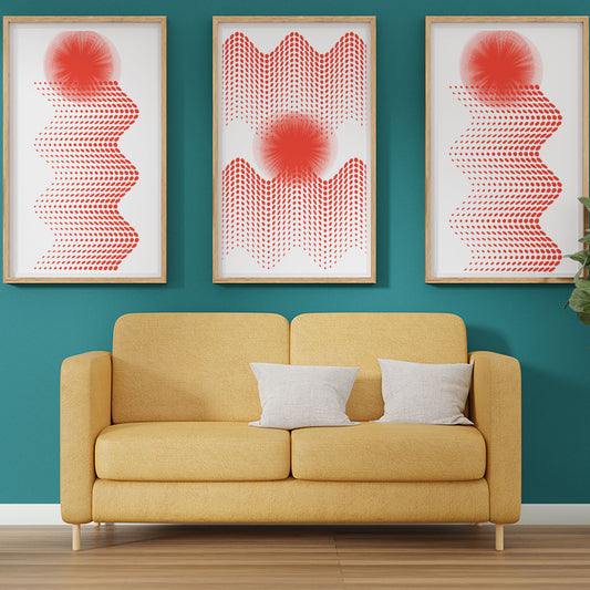 Red Waves Circle Abstract Wall Decor Art Canvas Printable Modern 3 Set