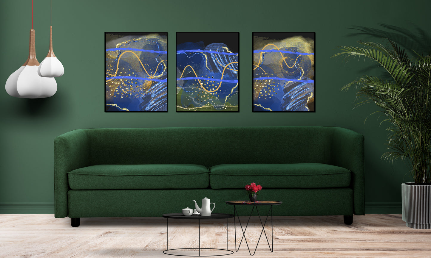 Golden Blue Abstract Wall Decor Canvas 3 Set Poster Modern