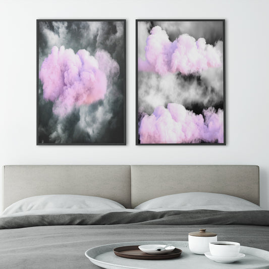 2 Set Sky Pink Grey Clouds Prints Frame Wall Decor Art Modern