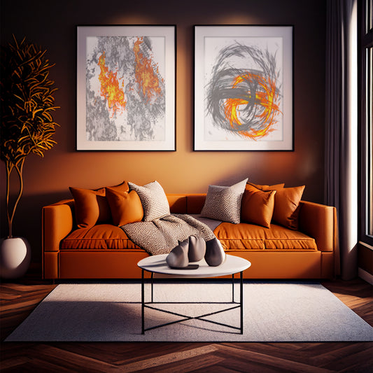 2 Set Abstract Grey Orange Print Frame Wall Decor Art Modern