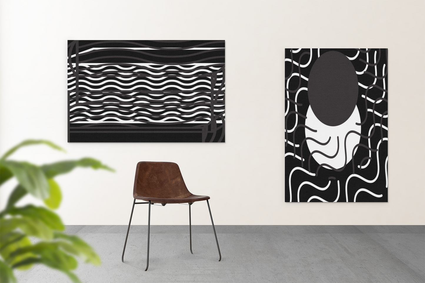 Waves Black White Fancy Modern  2 set Canvas Poster Wall Decor Art