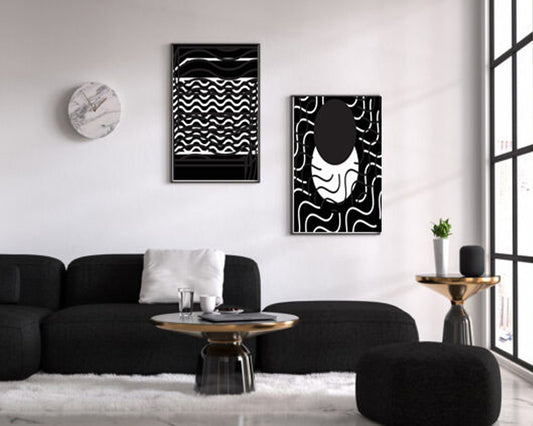 Waves Black White Fancy Modern  2 set Canvas Poster Wall Decor Art