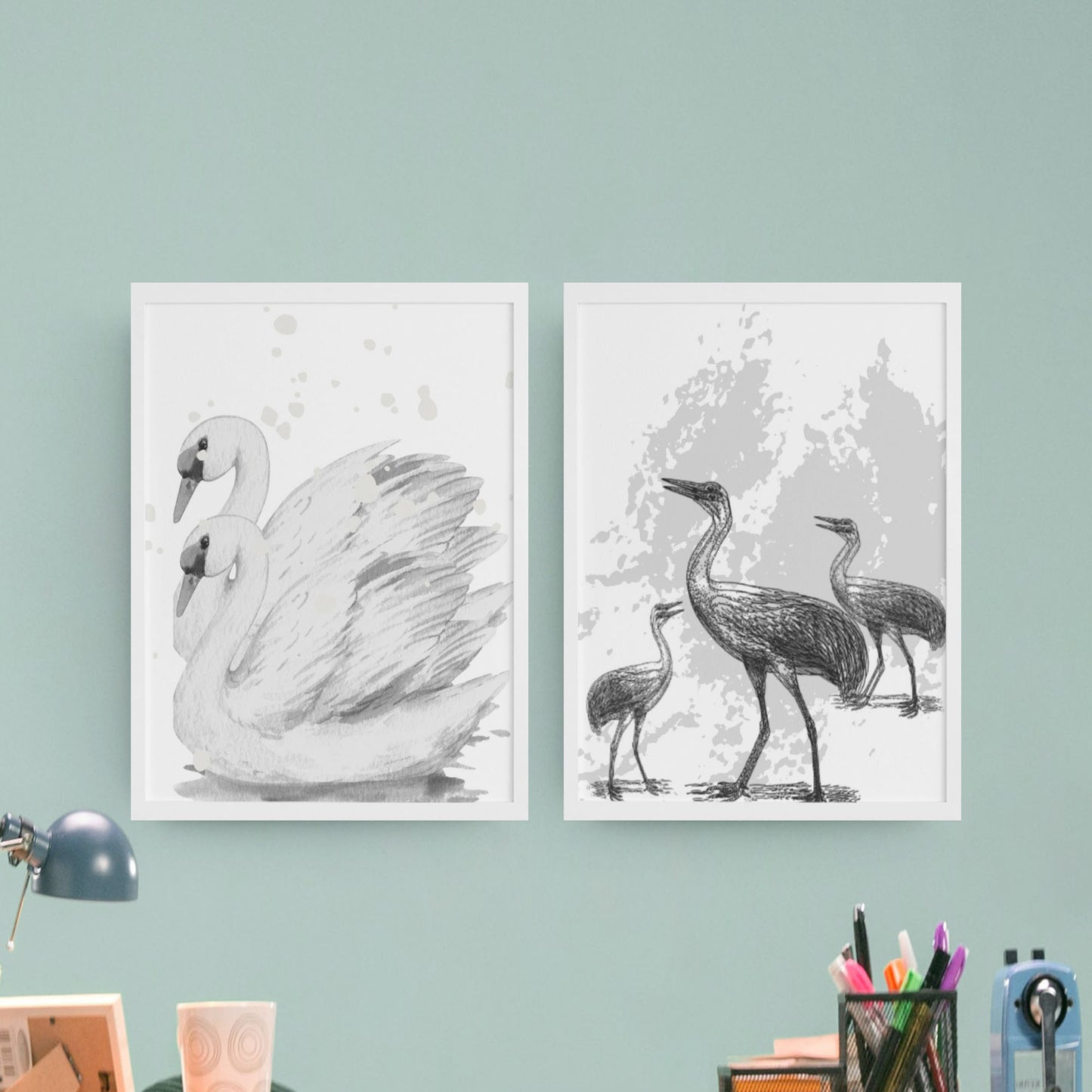 Set of Two Framed Giclee Print Sketch Drawing Swan Cranes Beautiful Modern Wall Art Decor