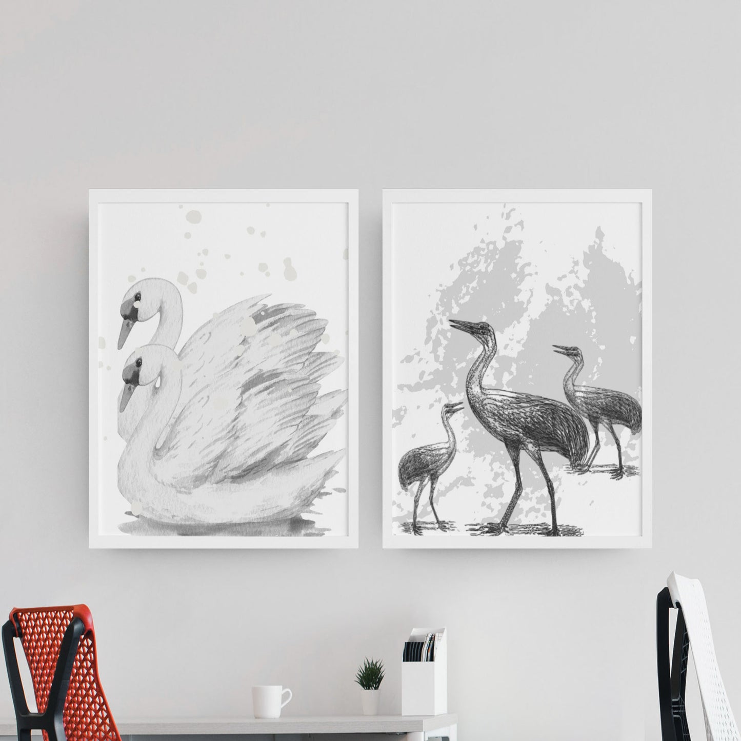 Set of Two Framed Giclee Print Sketch Drawing Swan Cranes Beautiful Modern Wall Art Decor