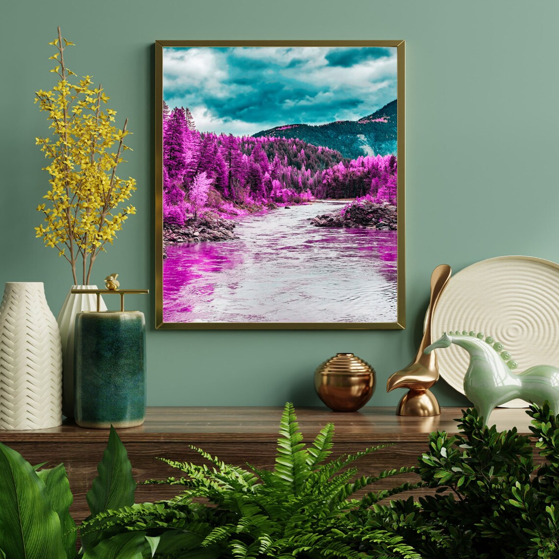 Mountains Nature Forest Water Purple Trees The Landscape Wall Art Decor Canva Printable